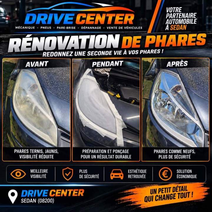 Rénovation et polissage de phares automobiles réalisés par Drive Center à Sedan.